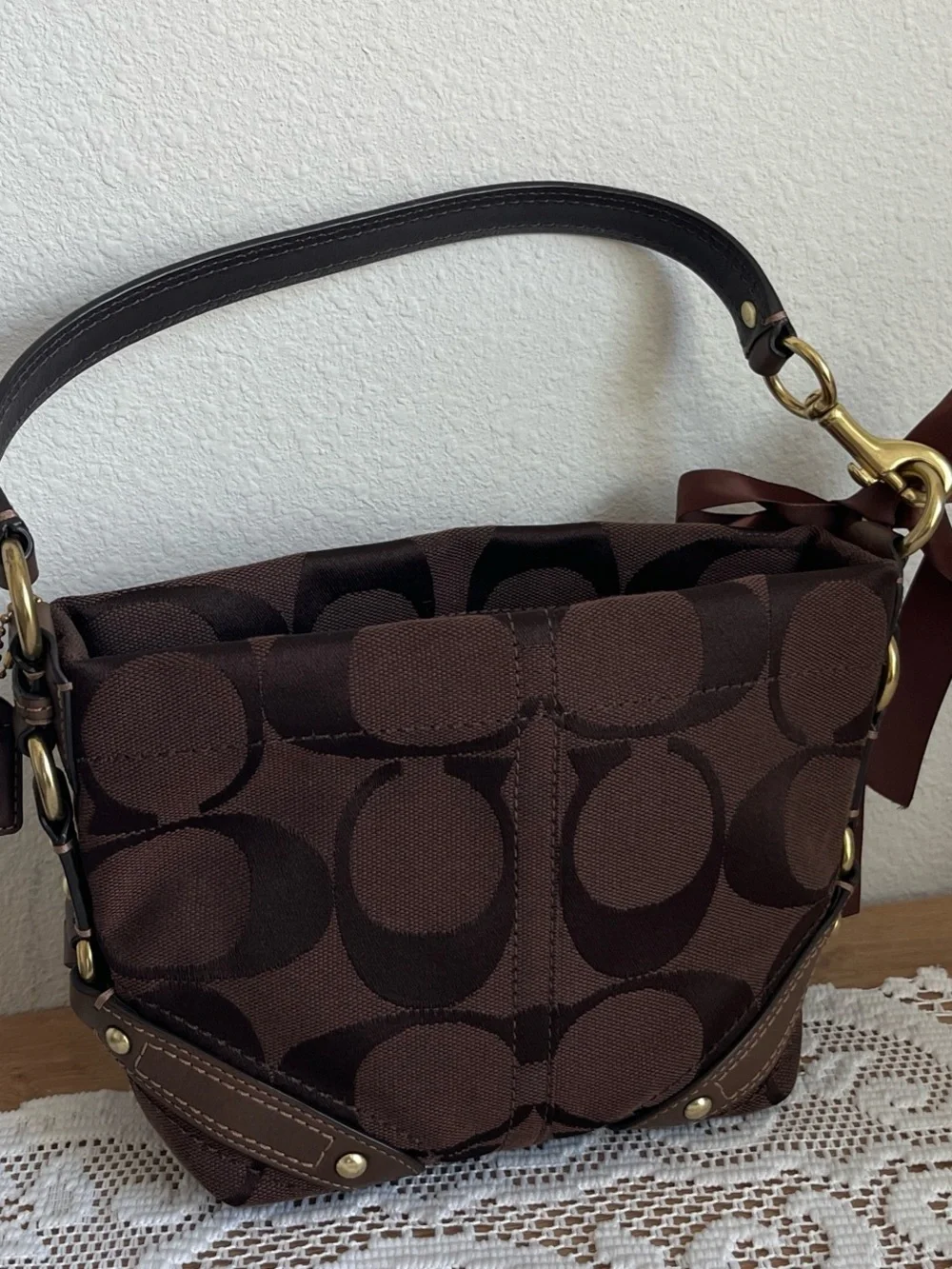 COACH Brown Signature mini hamptons Canvas Shoulder Bag